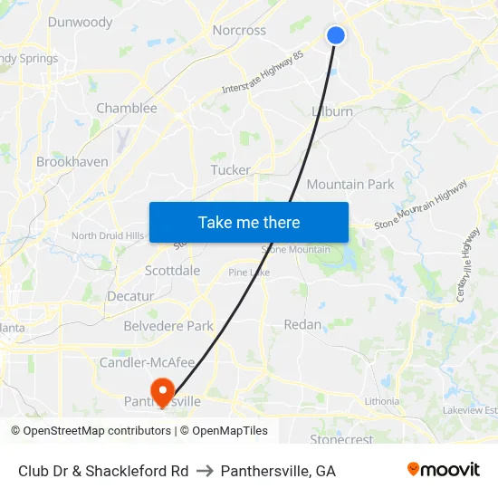Club Dr & Shackleford Rd to Panthersville, GA map