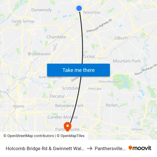 Holcomb Bridge Rd & Gwinnett Walk Plaza to Panthersville, GA map
