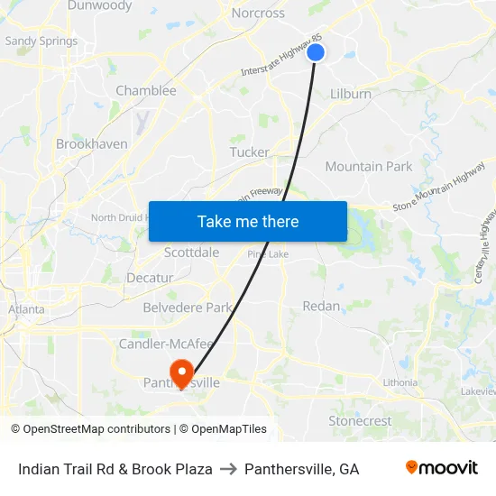 Indian Trail Rd & Brook Plaza to Panthersville, GA map