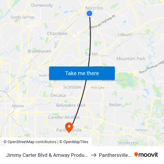 Jimmy Carter Blvd & Amway Products Dist to Panthersville, GA map