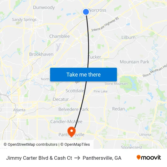 Jimmy Carter Blvd & Cash Ct to Panthersville, GA map
