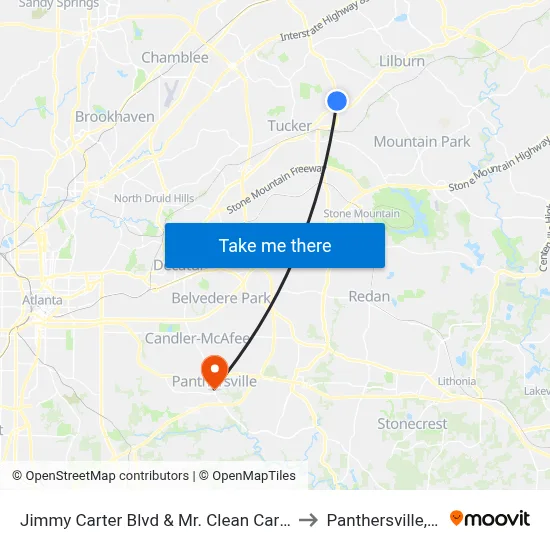 Jimmy Carter Blvd & Mr. Clean Carwash to Panthersville, GA map