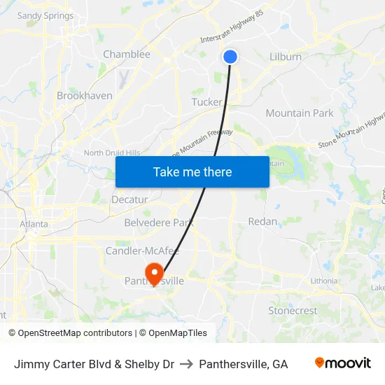 Jimmy Carter Blvd & Shelby Dr to Panthersville, GA map
