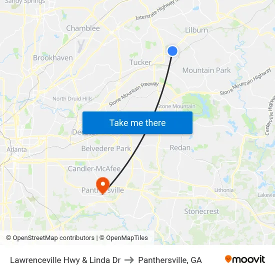 Lawrenceville Hwy & Linda Dr to Panthersville, GA map