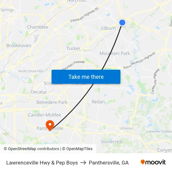 Lawrenceville Hwy & Pep Boys to Panthersville, GA map