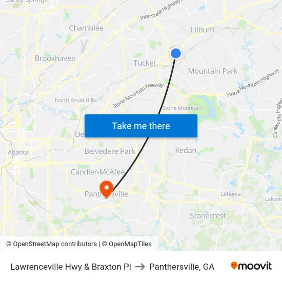 Lawrenceville Hwy & Braxton Pl to Panthersville, GA map