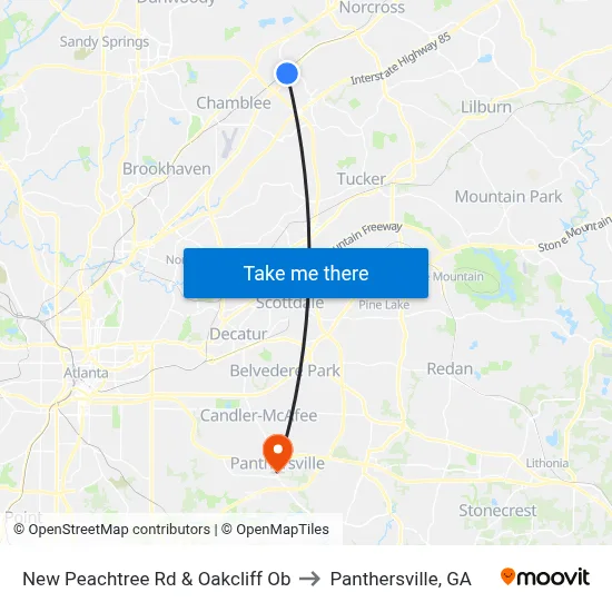 New Peachtree Rd & Oakcliff Ob to Panthersville, GA map