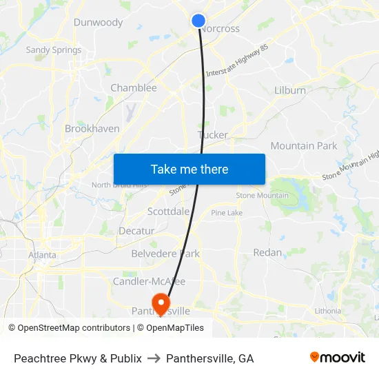 Peachtree Pkwy & Publix to Panthersville, GA map