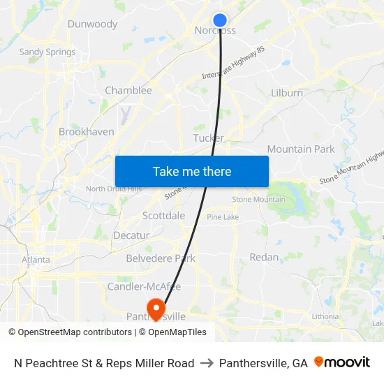 N Peachtree St & Reps Miller Road to Panthersville, GA map