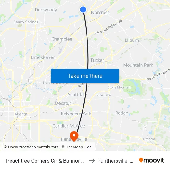 Peachtree Corners Cir & Bannor Ln to Panthersville, GA map