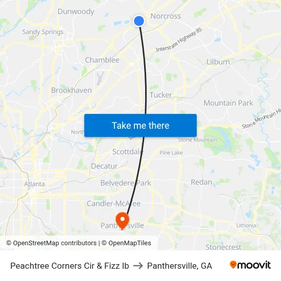 Peachtree Corners Cir & Fizz Ib to Panthersville, GA map