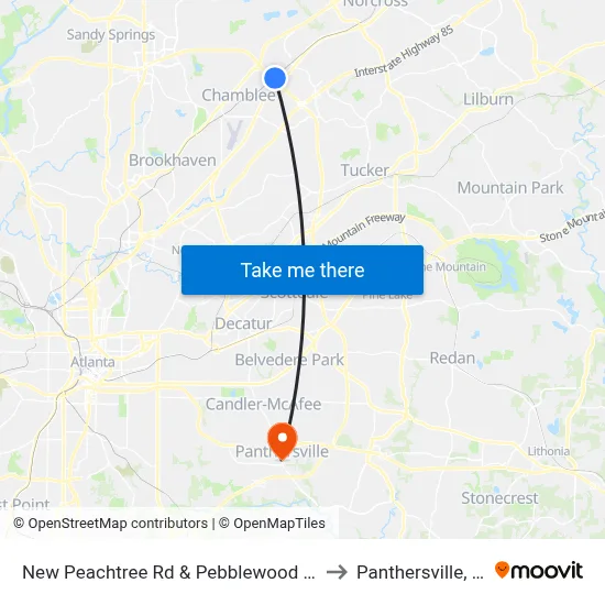 New Peachtree Rd & Pebblewood Apts to Panthersville, GA map