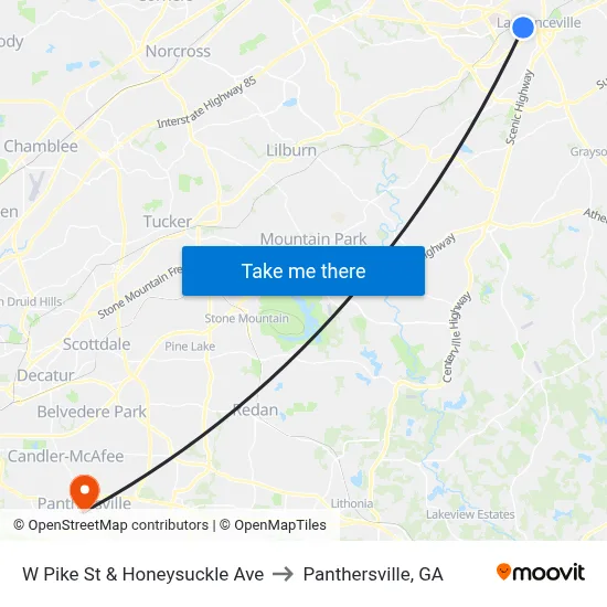 W Pike St & Honeysuckle Ave to Panthersville, GA map