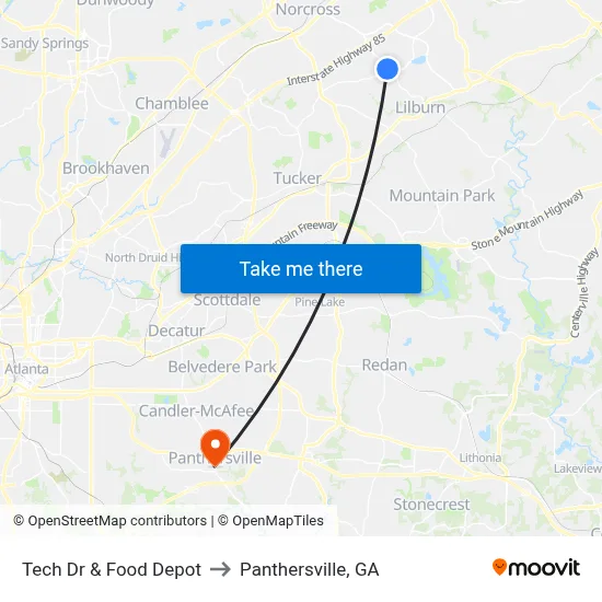 Tech Dr & Food Depot to Panthersville, GA map