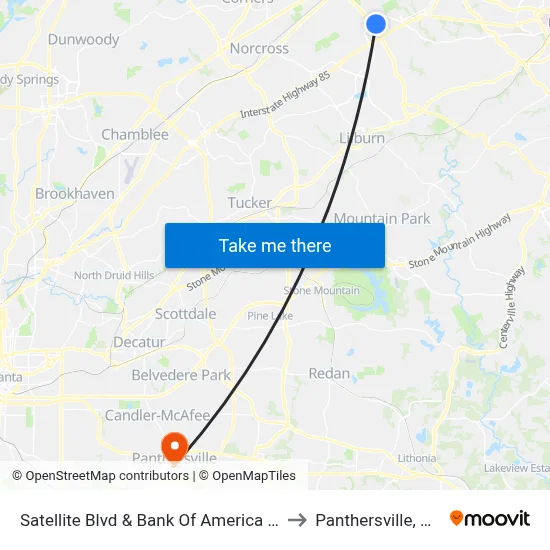 Satellite Blvd & Bank Of America Ib to Panthersville, GA map