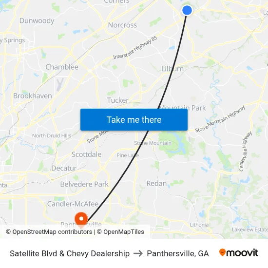 Satellite Blvd & Chevy Dealership to Panthersville, GA map