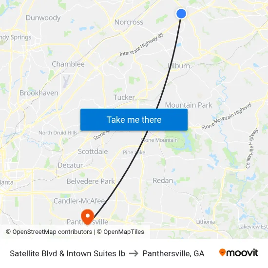 Satellite Blvd & Intown Suites Ib to Panthersville, GA map