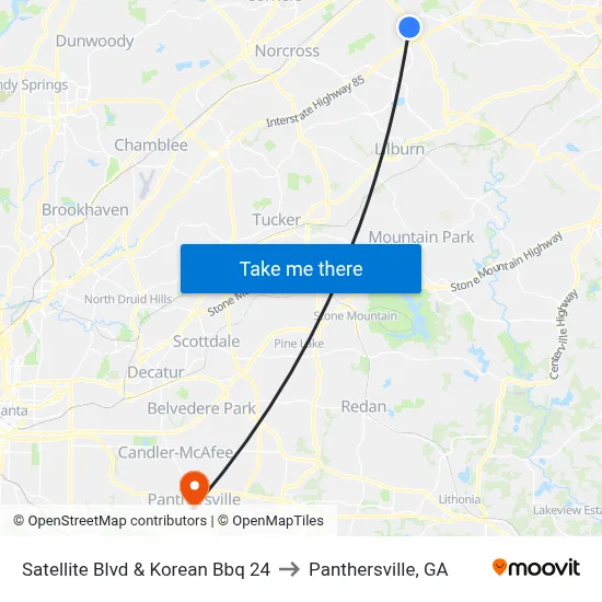 Satellite Blvd & Korean Bbq 24 to Panthersville, GA map
