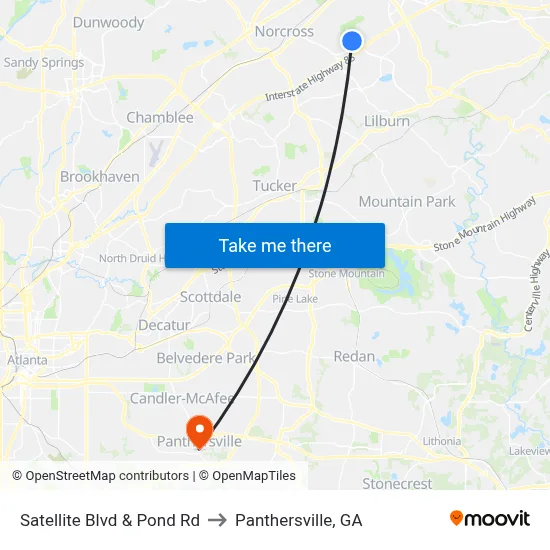 Satellite Blvd & Pond Rd to Panthersville, GA map