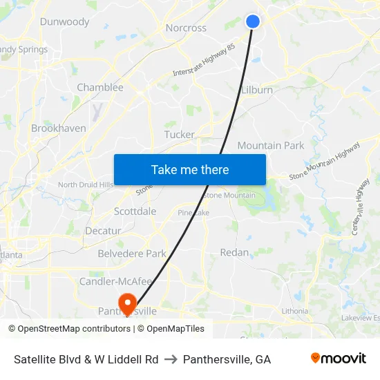 Satellite Blvd & W Liddell Rd to Panthersville, GA map