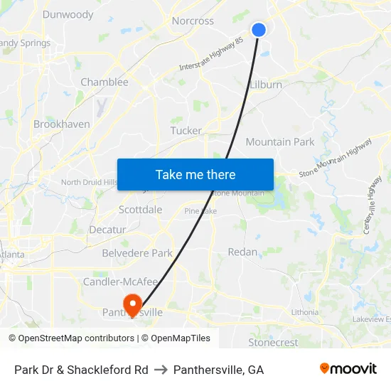 Park Dr & Shackleford Rd to Panthersville, GA map