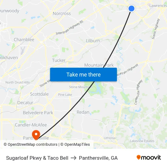 Sugarloaf Pkwy & Taco Bell to Panthersville, GA map
