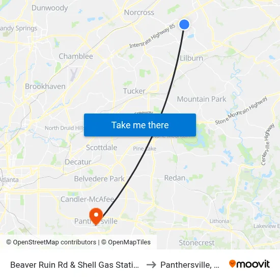 Beaver Ruin Rd & Shell Gas Station to Panthersville, GA map