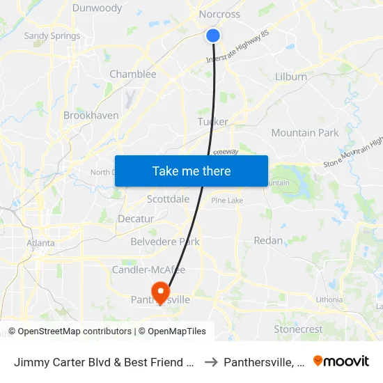 Jimmy Carter Blvd & Best Friend Park to Panthersville, GA map