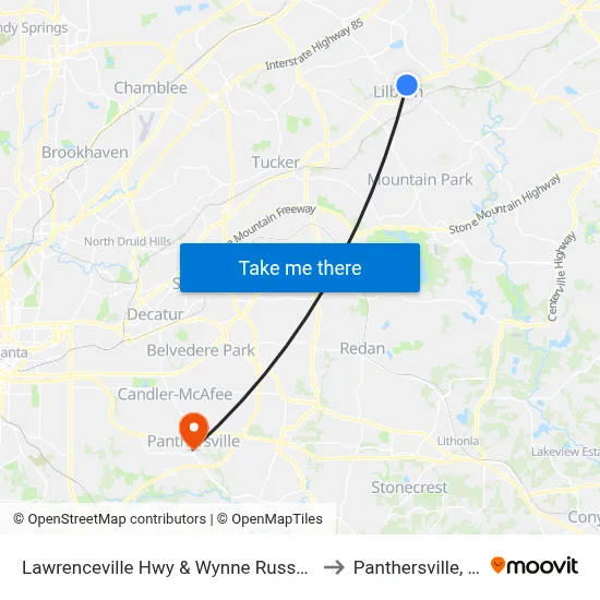 Lawrenceville Hwy & Wynne Russell Dr to Panthersville, GA map