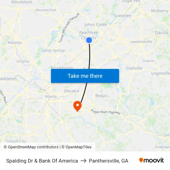 Spalding Dr & Bank Of America to Panthersville, GA map