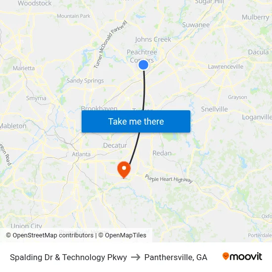 Spalding Dr & Technology Pkwy to Panthersville, GA map