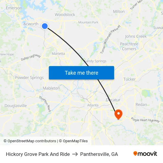 Hickory Grove Park And Ride to Panthersville, GA map