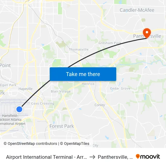 Airport International Terminal - Arrivals to Panthersville, GA map