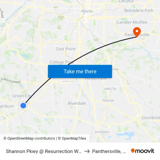 Shannon Pkwy @ Resurrection Way to Panthersville, GA map