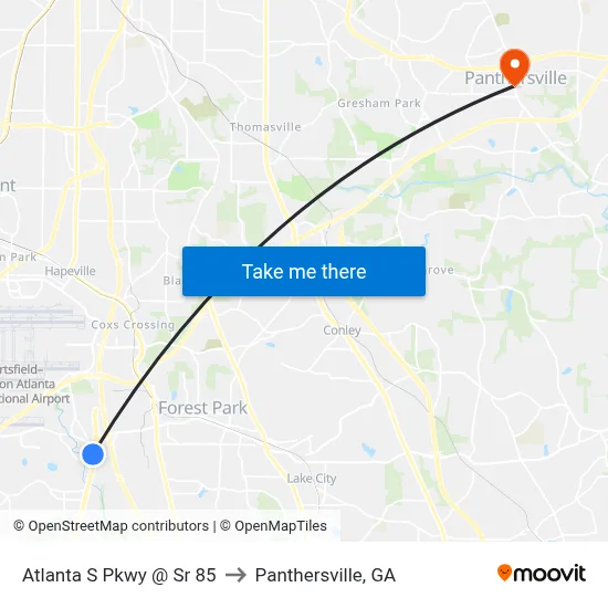 Atlanta S Pkwy @ Sr 85 to Panthersville, GA map