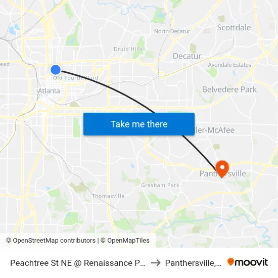 Peachtree St NE @ Renaissance Pky NE to Panthersville, GA map