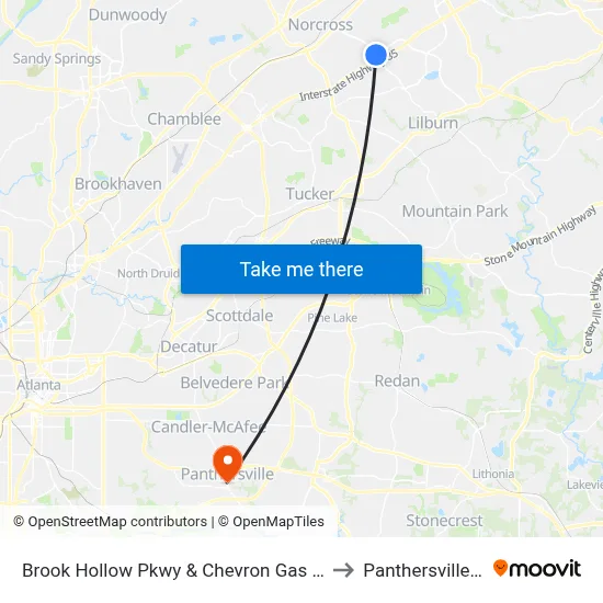 Brook Hollow Pkwy & Chevron Gas Station to Panthersville, GA map