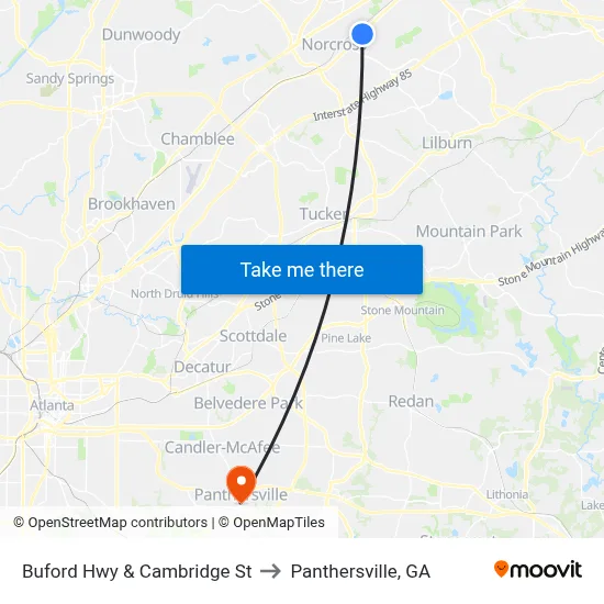 Buford Hwy & Cambridge St to Panthersville, GA map