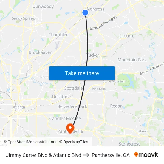 Jimmy Carter Blvd & Atlantic Blvd to Panthersville, GA map