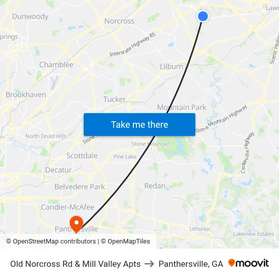 Old Norcross Rd & Mill Valley Apts to Panthersville, GA map