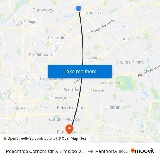 Peachtree Corners Cir & Elmside Villg Ln to Panthersville, GA map