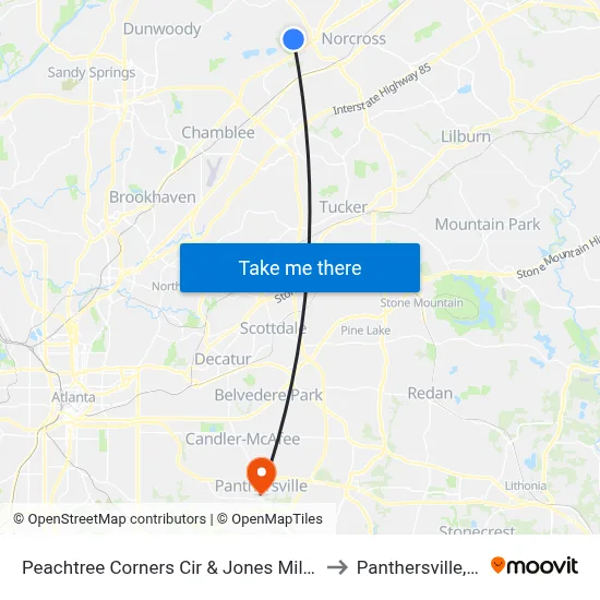 Peachtree Corners Cir & Jones Mill Spur to Panthersville, GA map