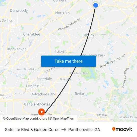 Satellite Blvd & Golden Corral to Panthersville, GA map