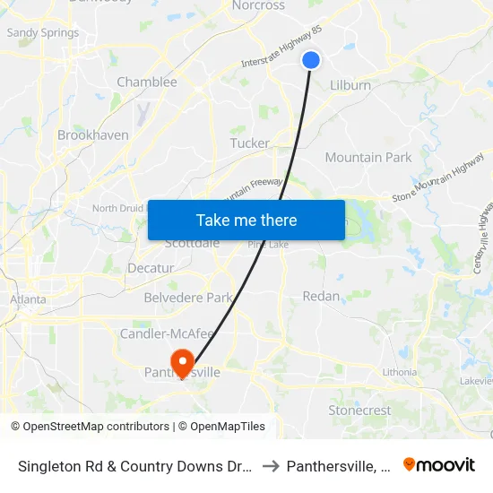 Singleton Rd & Country Downs Dr Ob to Panthersville, GA map