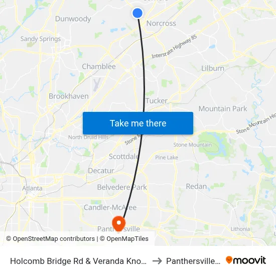 Holcomb Bridge Rd & Veranda Knolls Apts to Panthersville, GA map