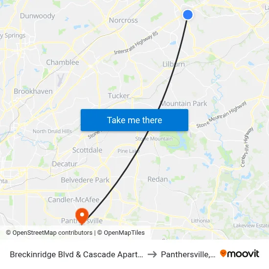 Breckinridge Blvd & Cascade Apartments to Panthersville, GA map