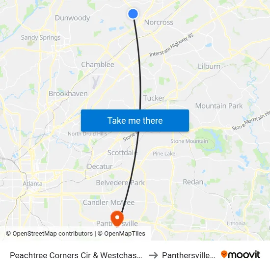 Peachtree Corners Cir & Westchase Villge to Panthersville, GA map