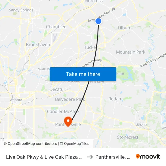 Live Oak Pkwy & Live Oak Plaza Ob to Panthersville, GA map