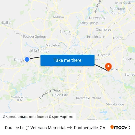 Duralee Ln @ Veterans Memorial to Panthersville, GA map