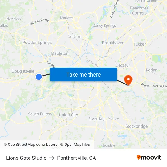 Lions Gate Studio to Panthersville, GA map